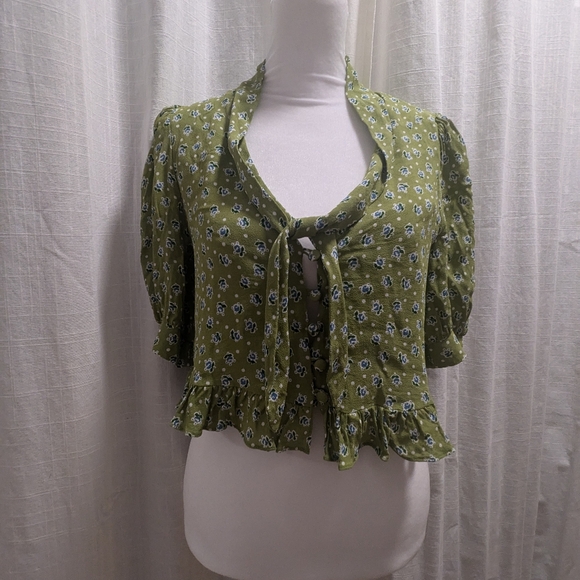 REFORMATION Sloane Top in Green w Mixed Floral and Polka Dot Bouquet XS - Picture 2 of 9